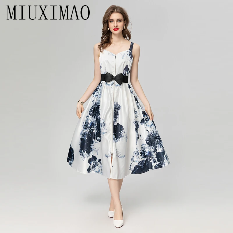 

MIUXIMAO 2024 Spring&Summer Elegant Dress Sleeveless Black Flower Print Fashion White Slim Long Dress Women Vestides with Bow