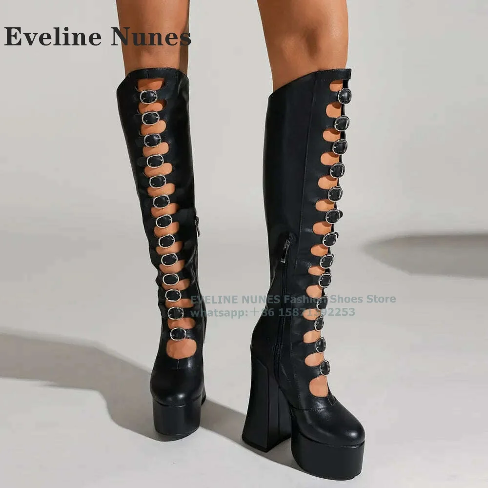 

Women's Black Front Hollow Buckle Chunky Heel Knee High Boots Solid Sexy Zipper Closure Gladiator Plus Size Customize Color 2024