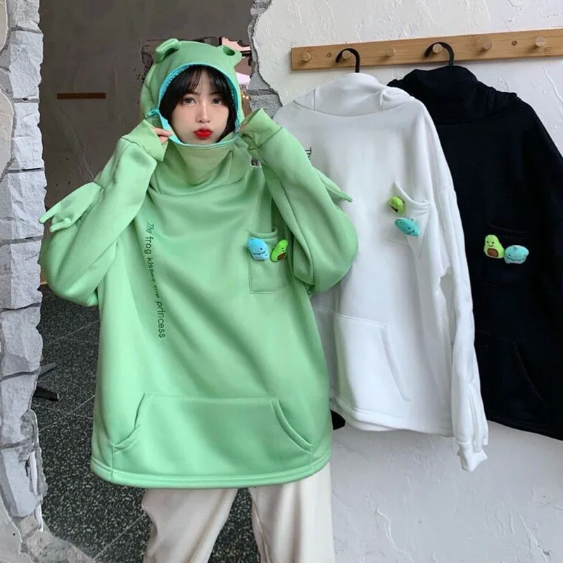 Sudaderas con capucha de ranas Kawaii para mujer, sudadera de manga larga negra y verde, ropa de calle estética coreana, ropa Vintage para parejas