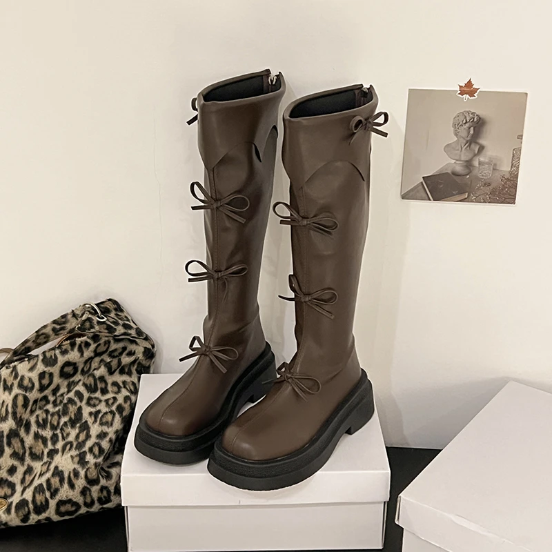 Winter Thick Sole Woman Short Plush High Boot Fashion Butterfly-knot Back Zippers Shoes Women's Slim Knight Long Booties