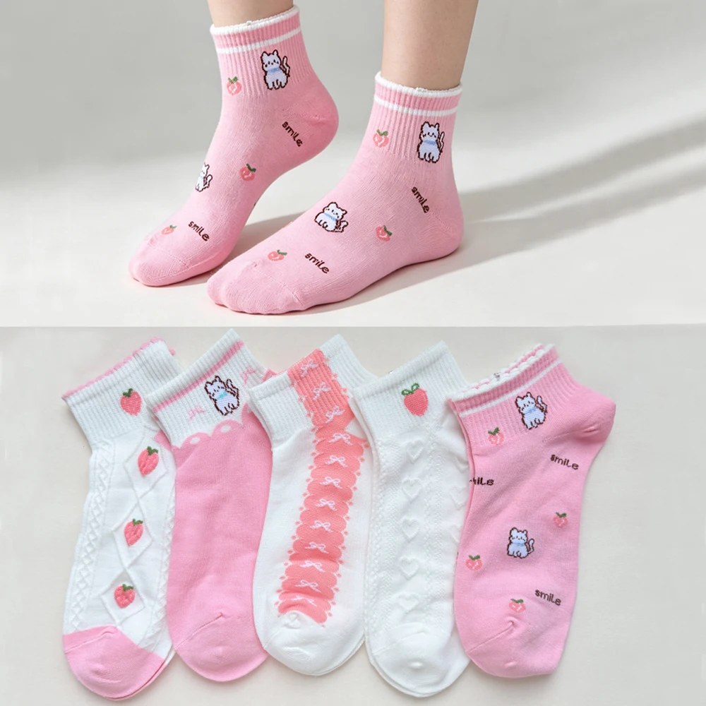 5 Paar/Packung Damen Frühling und Sommer Niedliche Cartoon-Socken Tier-Baumwollsocken mit Schleifenknoten Katzen- und Hasenmuster Damensocken