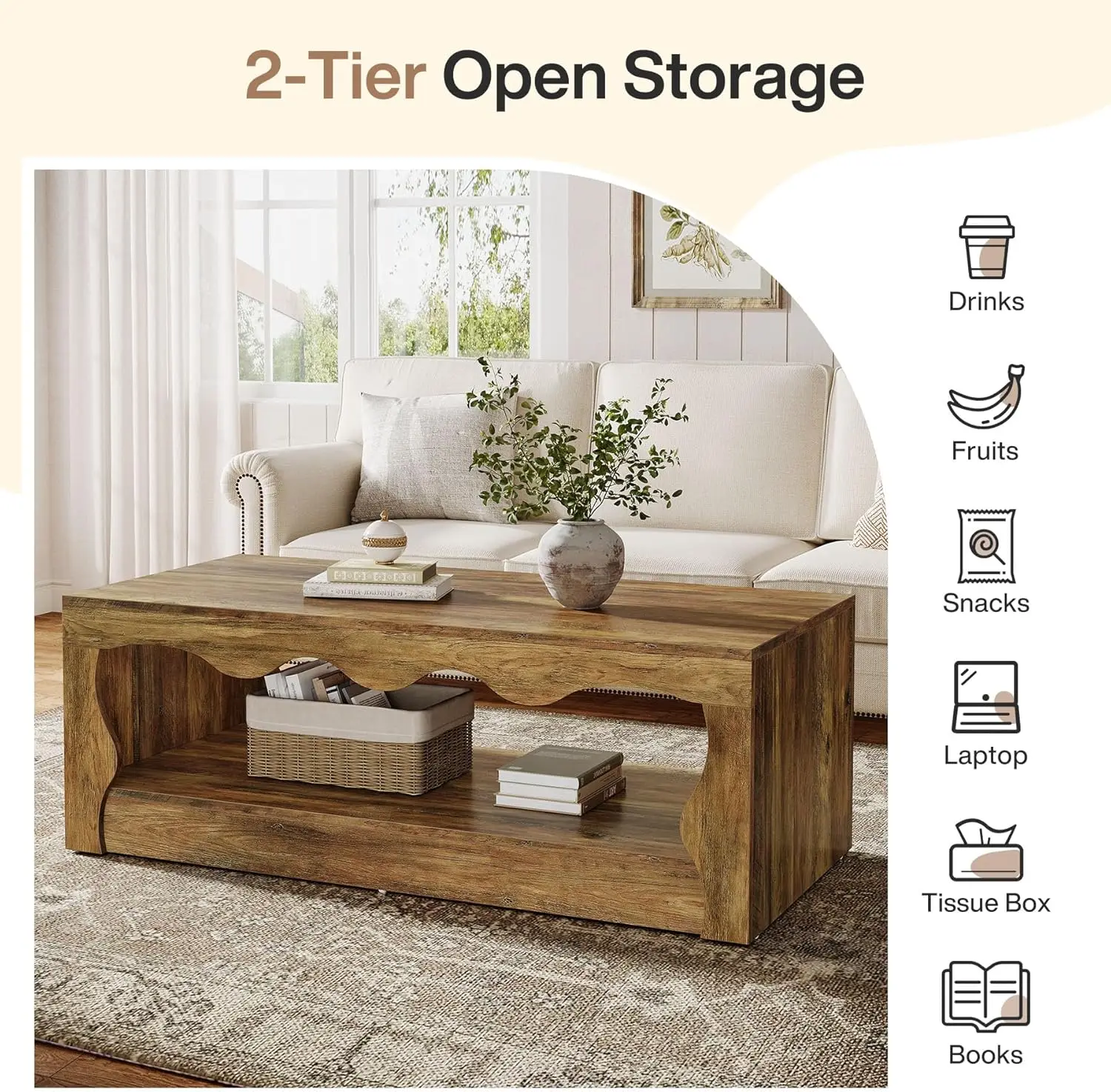 Rectangle Coffee Table, 47-Inch Farmhouse Coffee Tables for Living Room, 2-Tier Wooden Rectangular Accent Center Low Cocktail