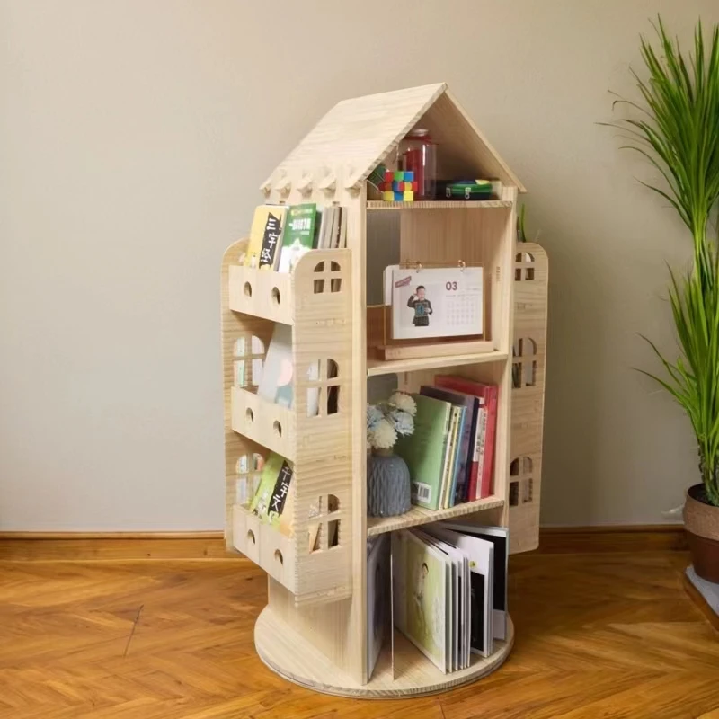 

Wooden Rotating Bookshelf 360° Swivel Book Storage Shelf Creative Home Organizer Children's Picture Book Display Rack