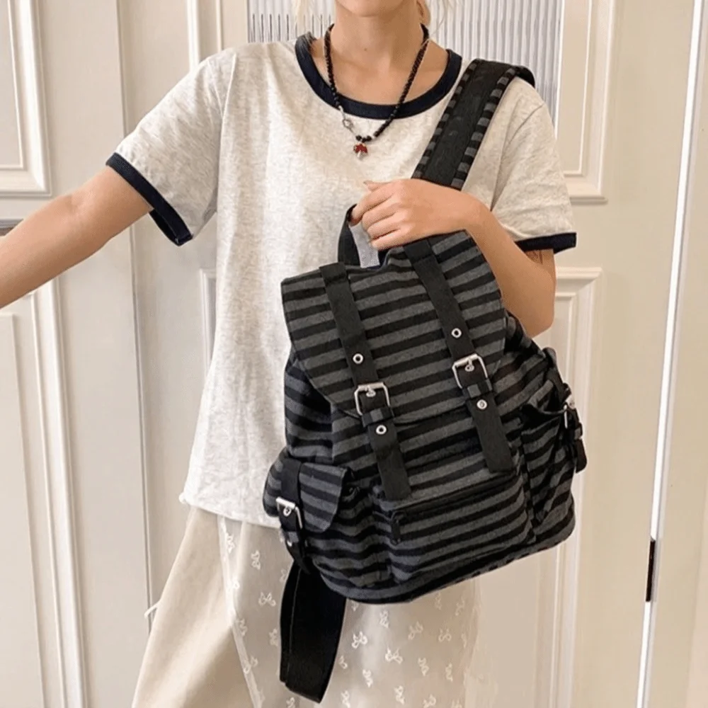 Retro Large Capacity Striped Backpack Y2K Multi-pocket Students Schoolbag Korean Style Cloth Hiking Camping Bag Students