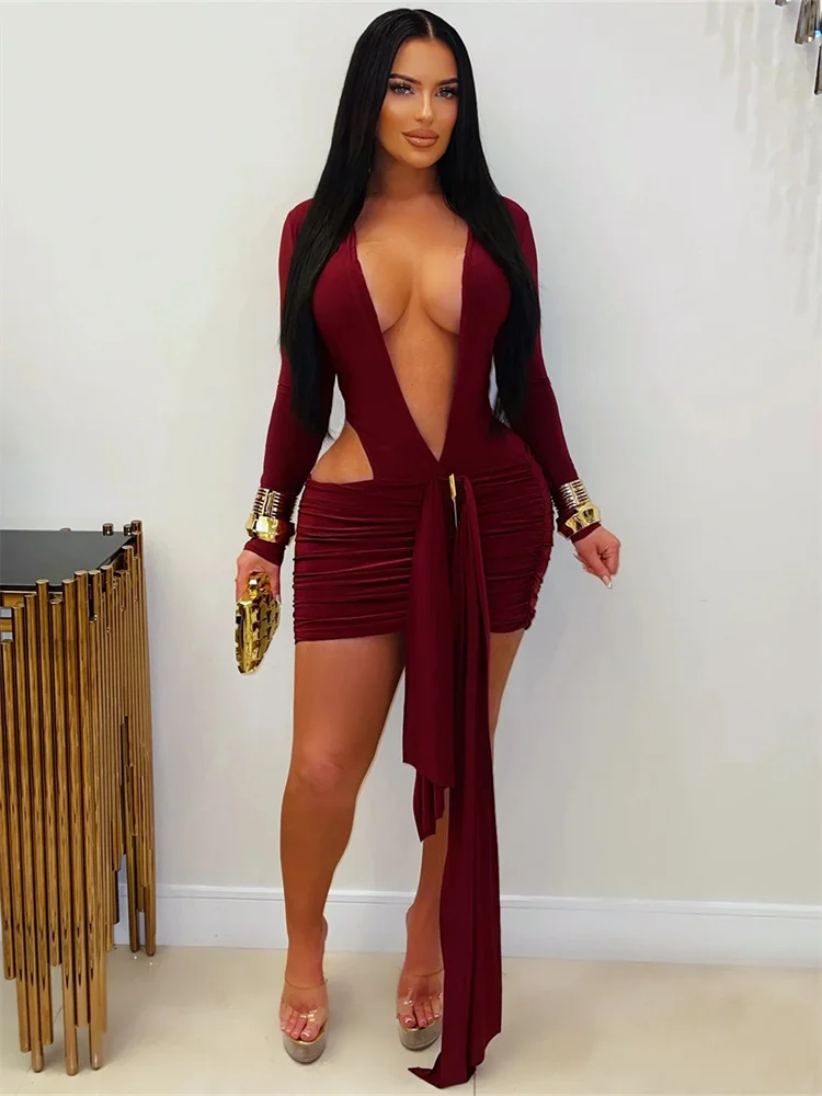 

Weird Puss Sexy Ribbon Dress Women Deep V-Neck Waistless Ruched Peach Hip Hottie Street Stretch Skinny Clubwear Dating Bodycon