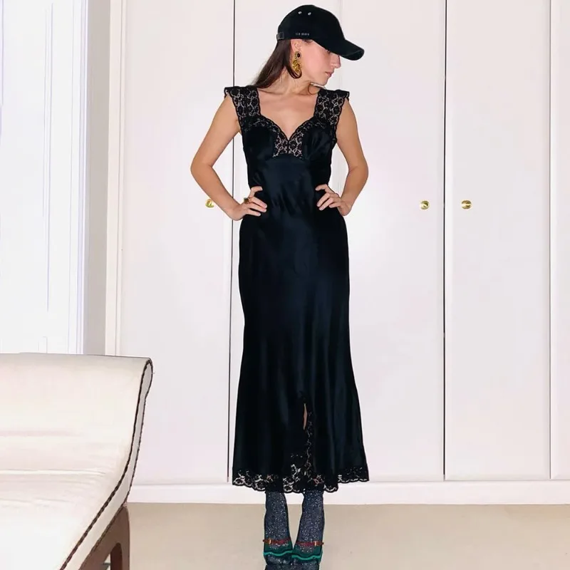 

Talenza Luxury Lace Long Dress Fashion Lace Patchwork Sleeveless Backless Dress Elegant High Street Women Party Evening Dress