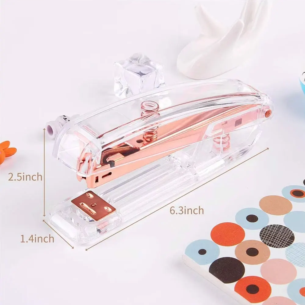 Small Office Stapler,Transparent Spring Powered Desktop Standard Stapler with Free 1000 Pieces Standard Staples - Rose Gold