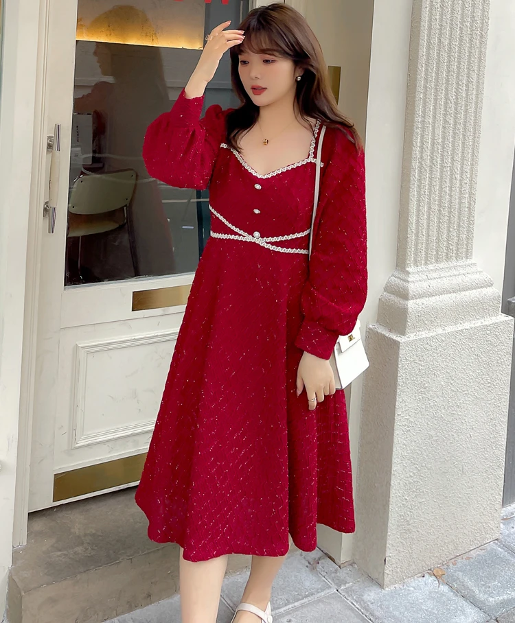 대형 XL-5XL 여성 프랑스어 v 넥 하이 웨스트 모조 진주 버튼 a 라인 블랙 드레스 긴 소매 봄 가을 레드 드레스