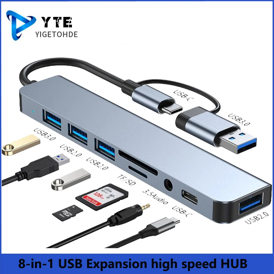 

YIGETOHDE 8 in 2 Ports Type C Hub Concentrator Docking USB 3.0/2.0 Multi Adapter SD TF Card Reader Audio Extender Splitter