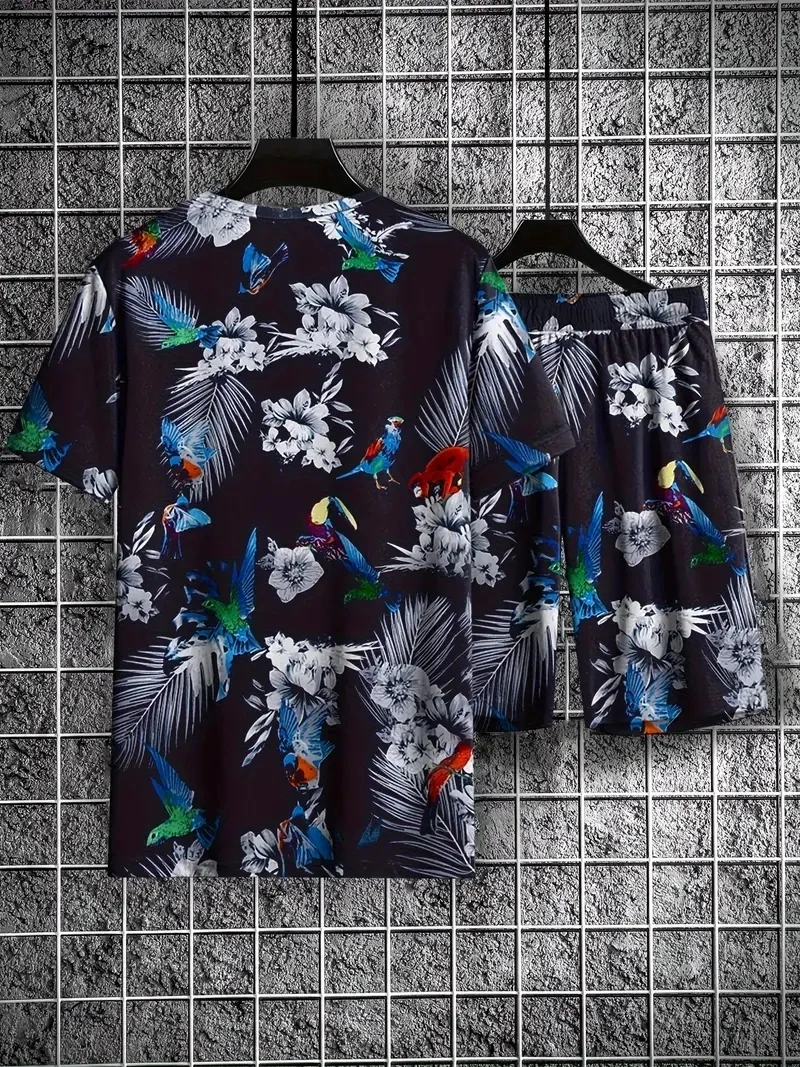 Sudadera informal de estilo Retro para hombre, traje de Camiseta con estampado de flores, Top de manga corta y pantalones cortos, moda Vintage, verano 2024