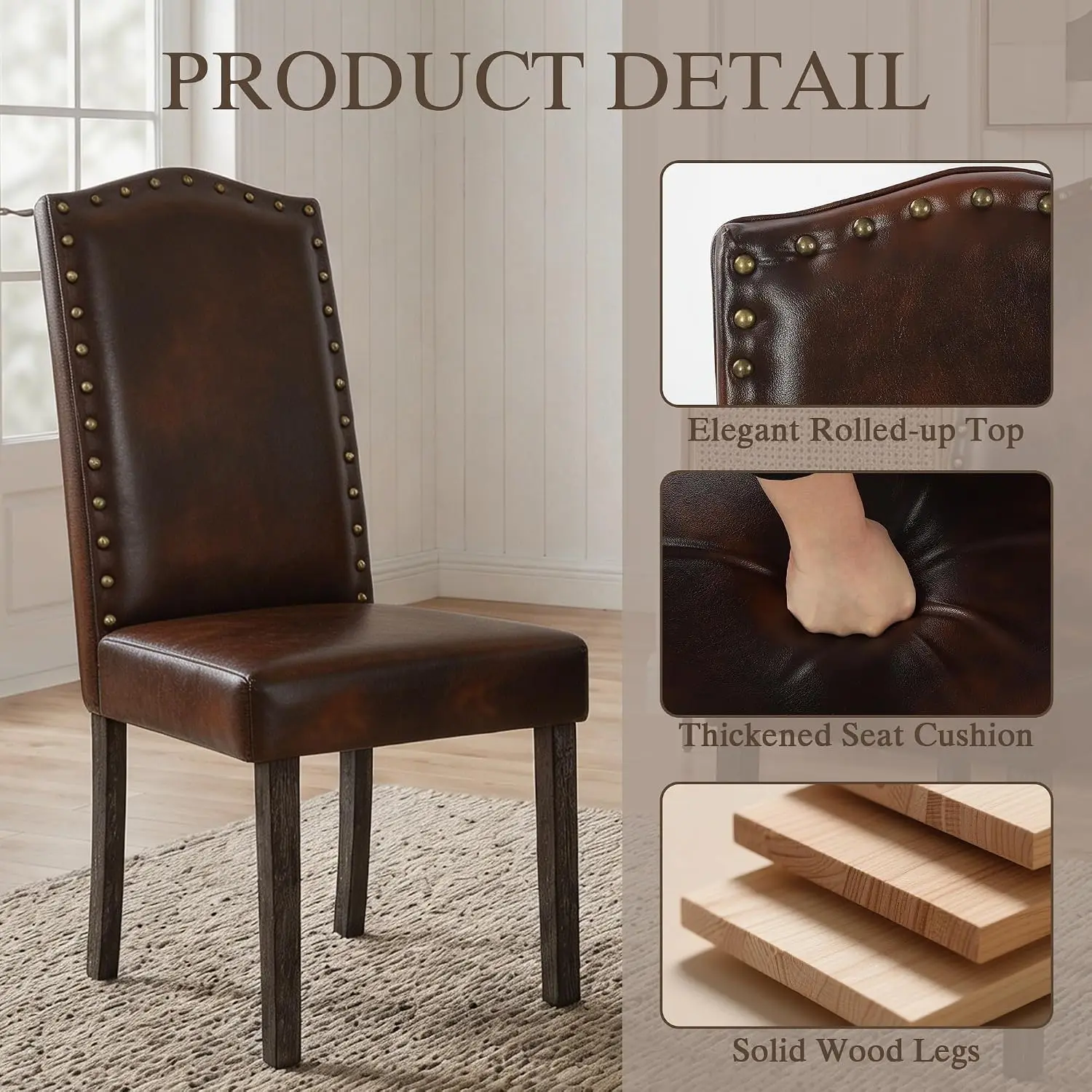 Upholstered Parsons Dining Chair with Copper Nails & Solid Wood Legs, Vintage Brown PU, Set of 6, Customized