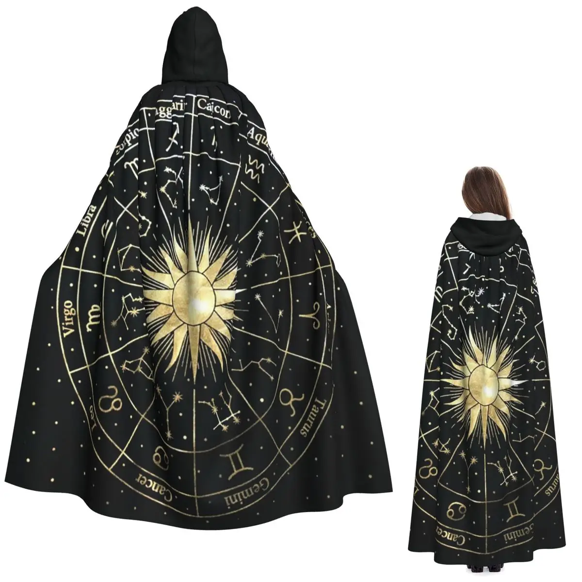 

Horoscope Wheel With Zodiac Signs Long Hooded Cloak Witch Medieval Costume Cosplay Cape HalloweenParty Adult Unisex