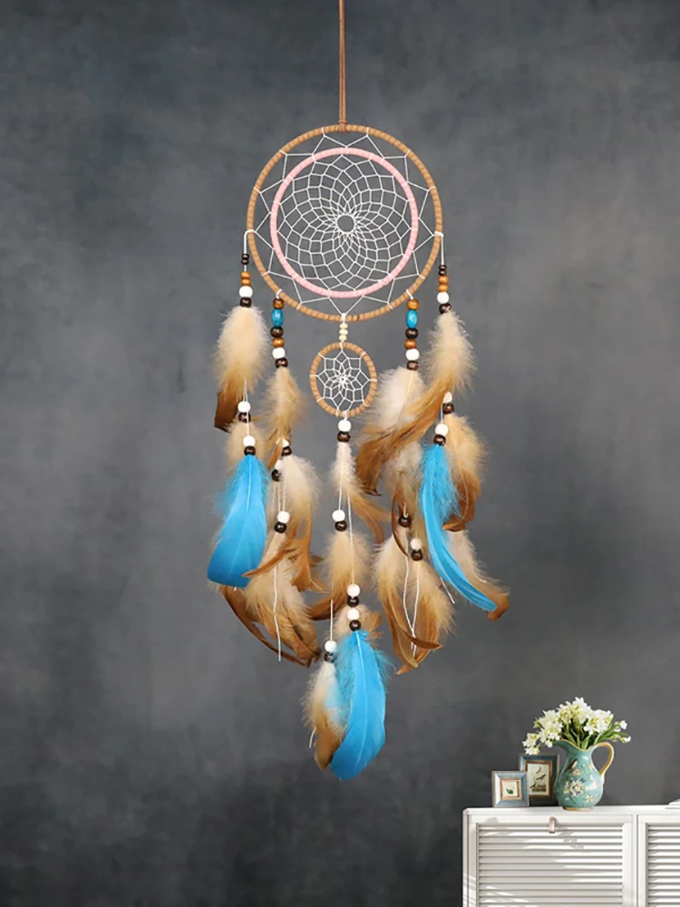 Attrape-rêves en plumes marron bohème, décorations de chambre à coucher, pendentifs muraux, carillons éoliens faits à la main, cadeaux d'anniversaire pour filles