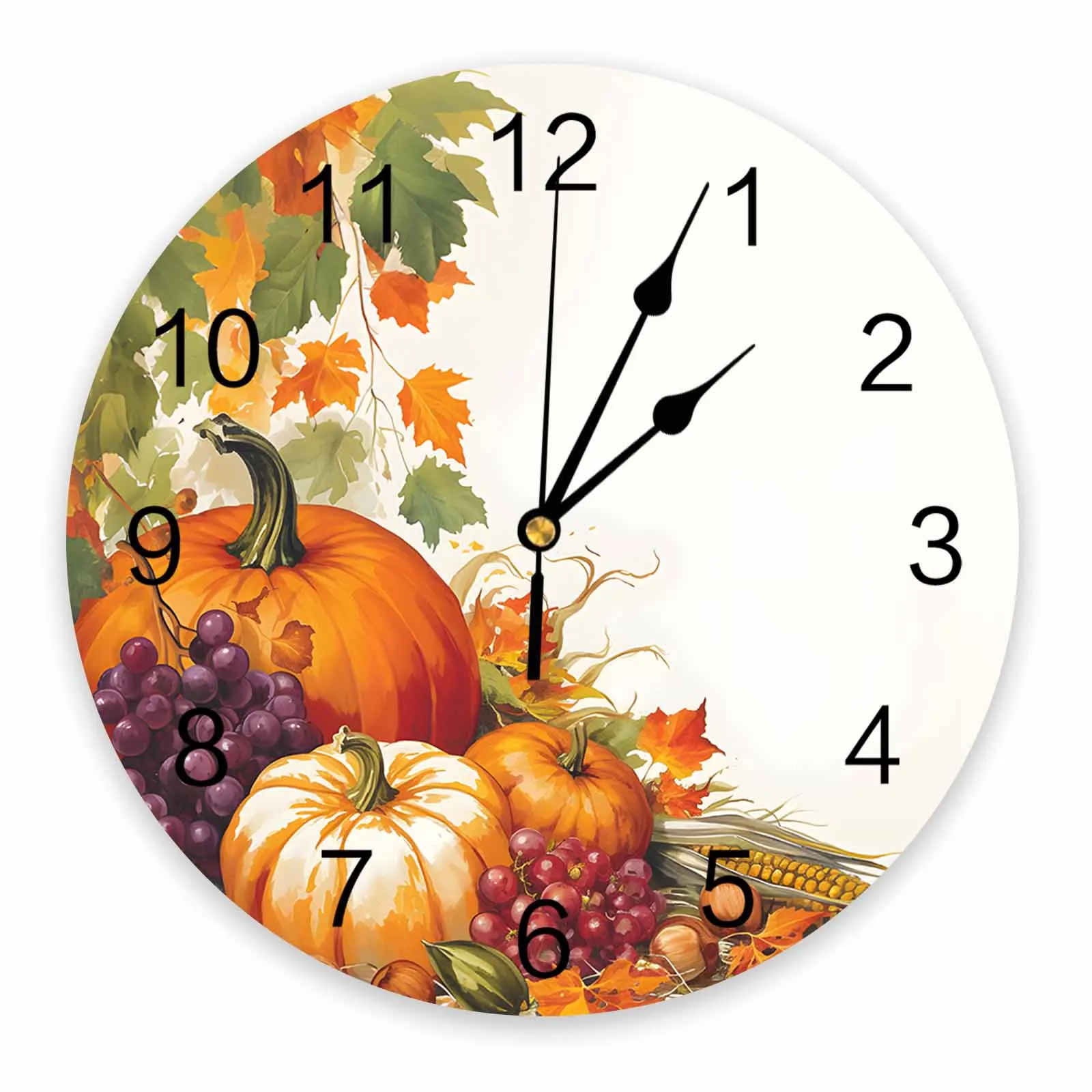 Autumn Orange Pumpkin Grape Maple Leaves Printed Wall Clock Modern Silent Clock Living Room Home Decor Wall Hanging Watch