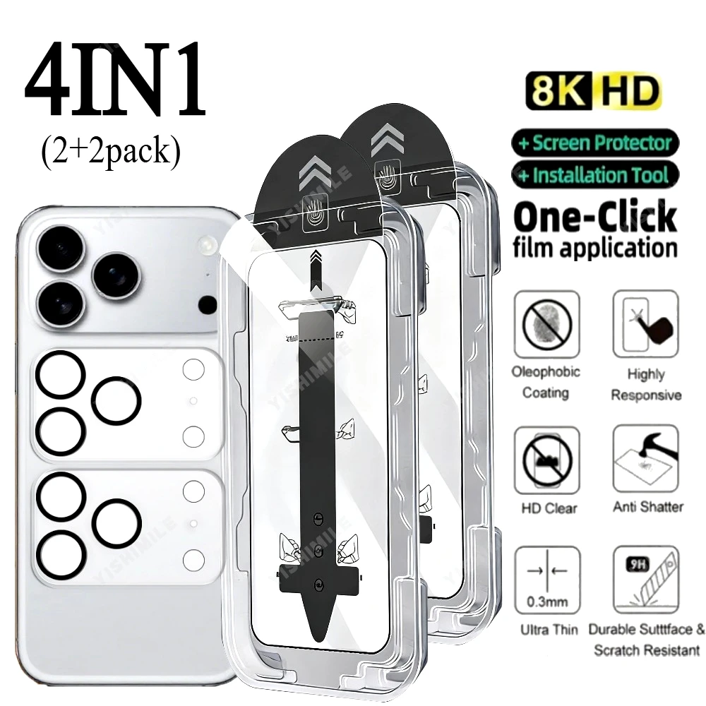 

4-in1 Full Cover Tempered Glass for iPhone 17 16 15 14 Pro Max 16e Air Camera Lens Protector for iPhone 13 12 11 Pro 15 14 Plus