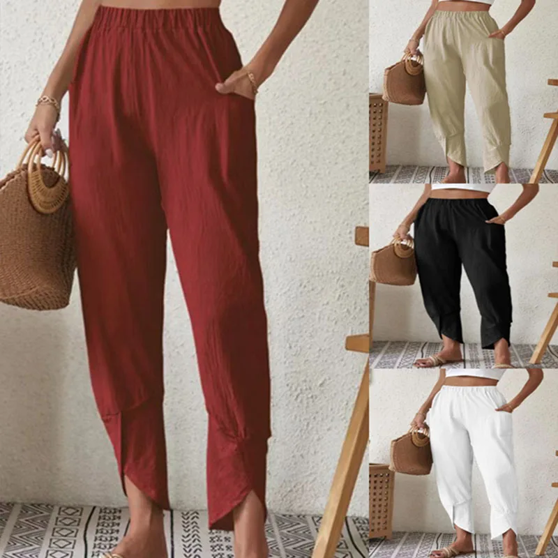 Women Harem Pants Vintage Cotton Linen Elastic Waist Wide Leg Trousers Female Casual Solid Pockets Loose Cropped Pants S-5XL