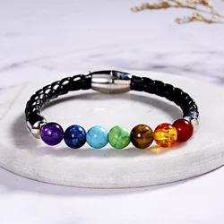 7 Chakra Stone Bracelets for Women Men Buddha Bless Healing Balance Beads Reiki Buddha Prayer Leather Rope Bracelet Jewelry Gift