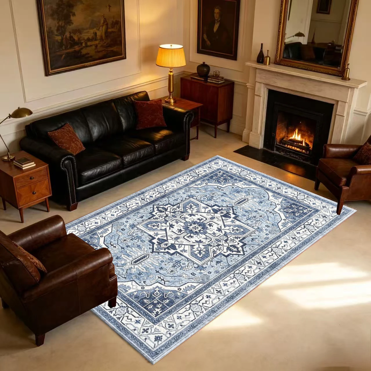 Light Blue White Heriz Geometric Square Carpet Classic Oriental Medallion Pattern Printed Floor Rug for Living Room Bedroom Home Decor