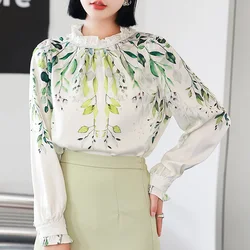 Fashion Chinese Style Women Shirt Faux Silk Printing Blouse Splicing Receiving Waist Elegant Women's Clothing Tops Shirt