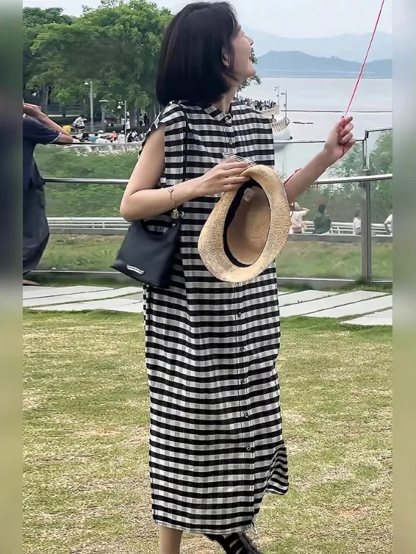 Ele Vintage Plaid été Svel fendu longue Dr vêtements pour femmes trajet Sle taille ample a-ligne jupe Dr