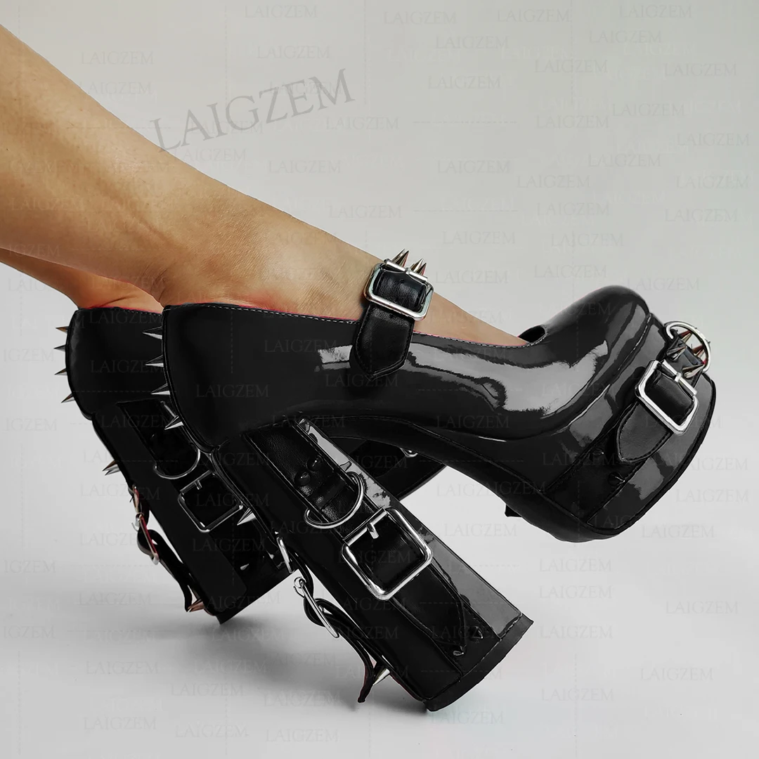 ZHIMA Women Pumps Punk Rivets Patchwork Platform Cosplay Gothic Sandals Handmade Buckle Straps Shoes Woman Big Size 35 43 47