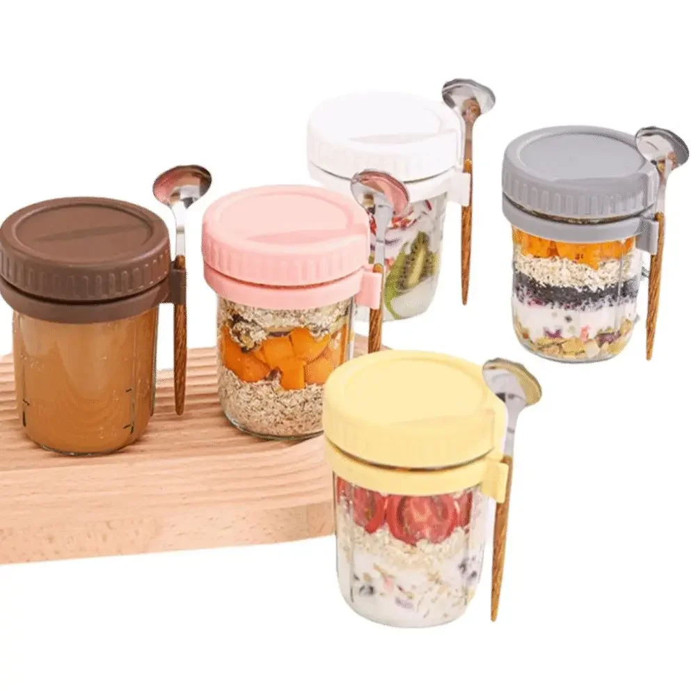 350ml Overnight Oats Jars Glass Measurement Marks Oatmeal Container With Spoon Reusable Yogurt Jar