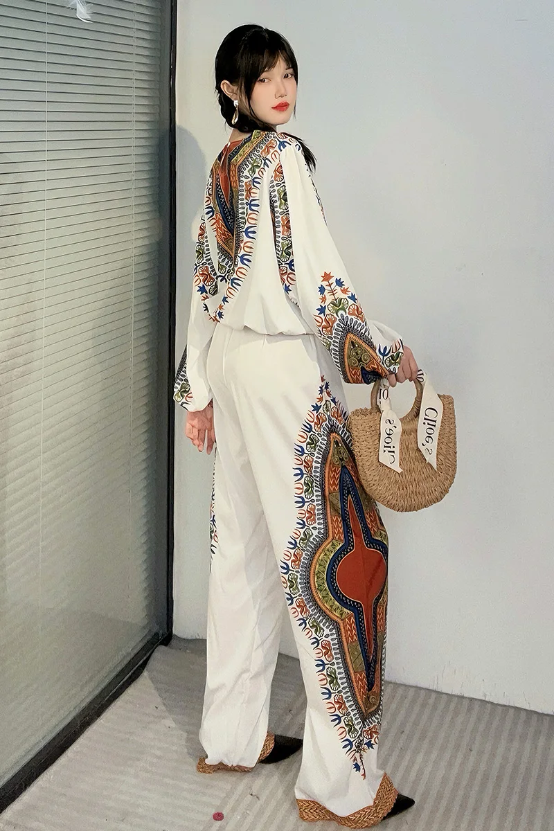 Vefadisa White 2024 Summer New Women Vintage Printed Pant Sets O-neck Long Sleeved Top Wide-leg Pant Casual Fashion Sets ZXY497A