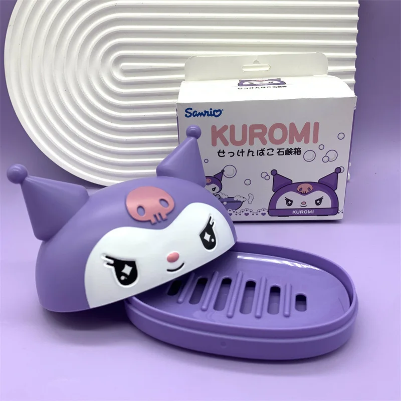 Caja de jabón Kawaii Kuromi Hello Kitty Melody, Linda figura de Sanrio, soporte de jabón de baño, escurridor con cubierta, juguete de corazón para