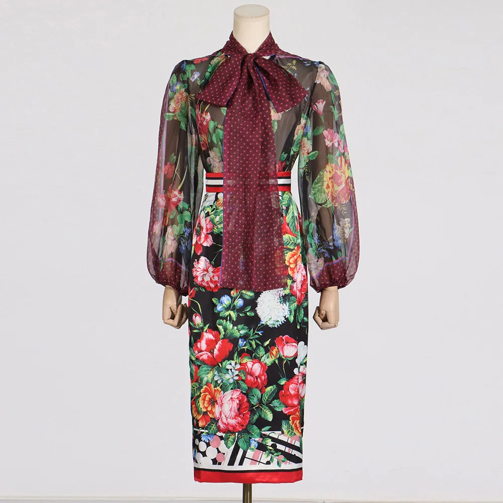 VGH Hit Color Two Piece Set For Women Round Neck Long Sleeve Spliced Lace Up Shirt High Waist Long Skirts Minimalist Sets Female