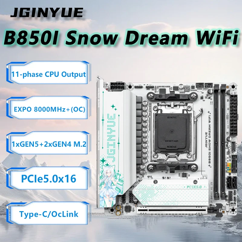 JGINYUE B850i Snow Dream WiFi Motherboard ITX For AMD® Ryzen7/8/9000series Desktop PC DDR5 RAM M.2x3 PCIe5.0 Gaming Office video