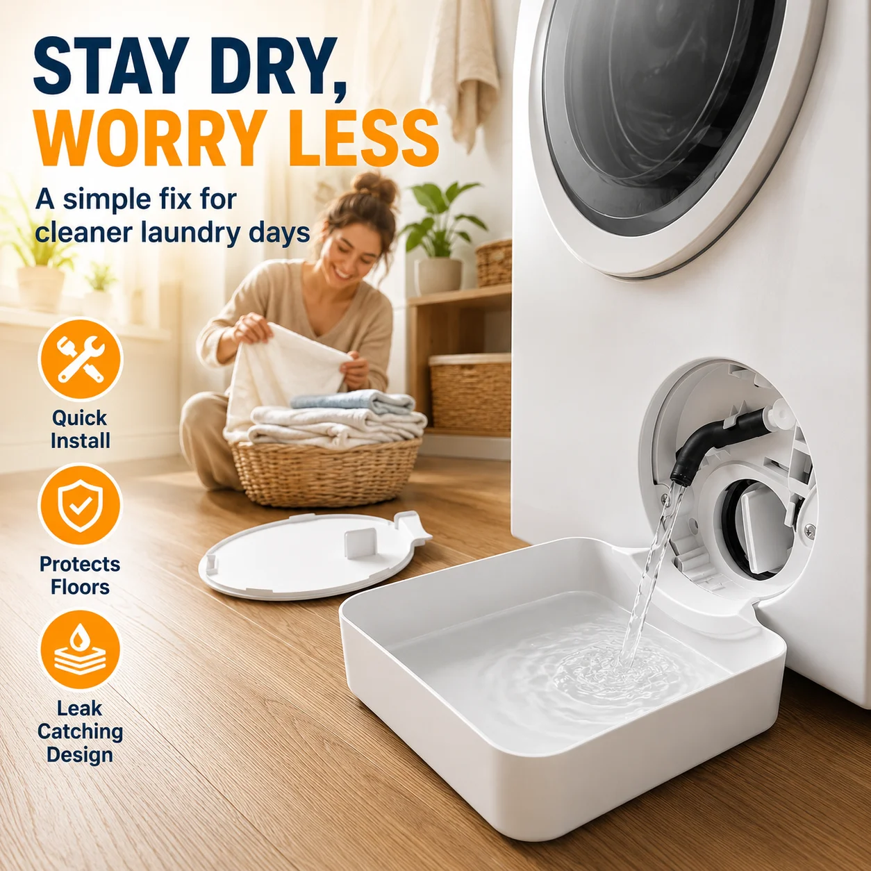 1 Washing Machine Drain Pan with Curved Opening for Front Loading Washing Machine, Easy to Clean