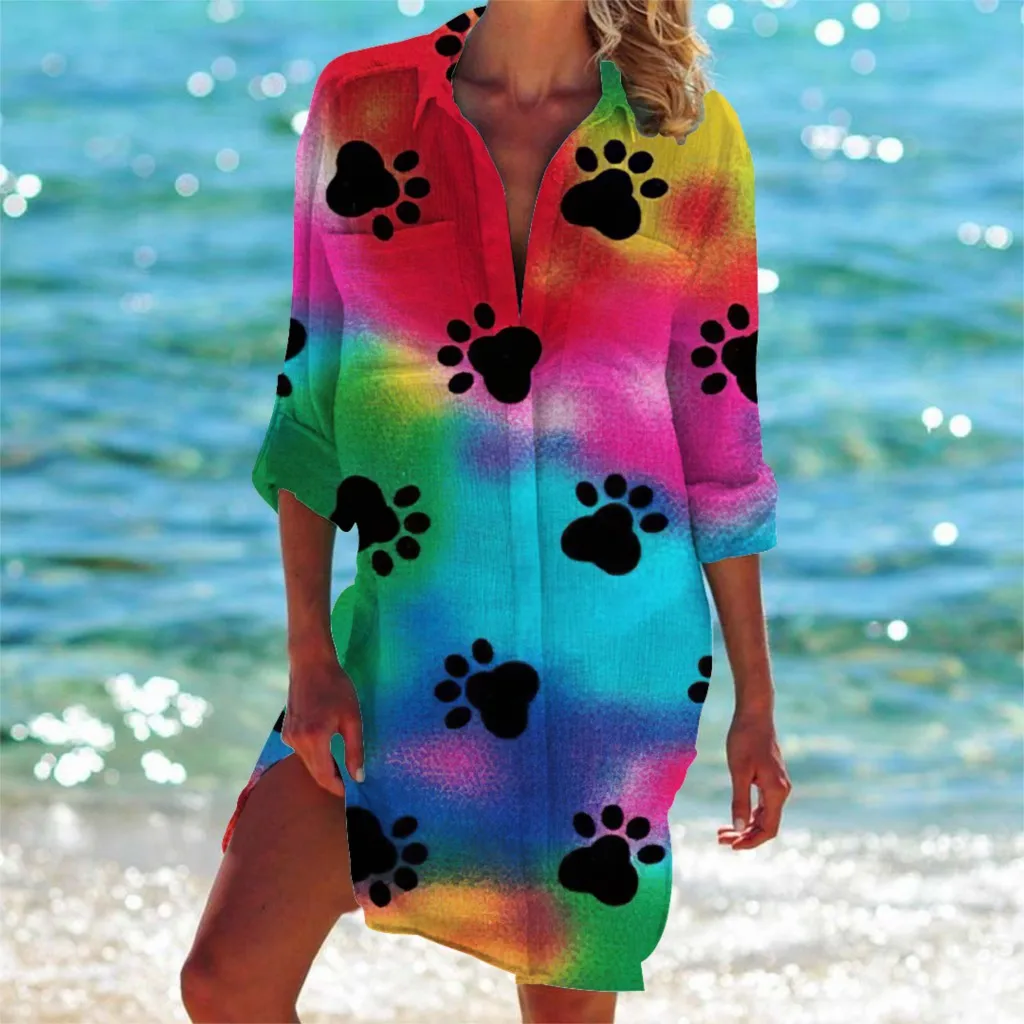 Zomer Nieuwe 3d Patroon Geschilderde Shirt Jurk Kleurrijke Strand Sexy Top Jas Shirt Lange Mouwen Dames Jurk Vestido Traf