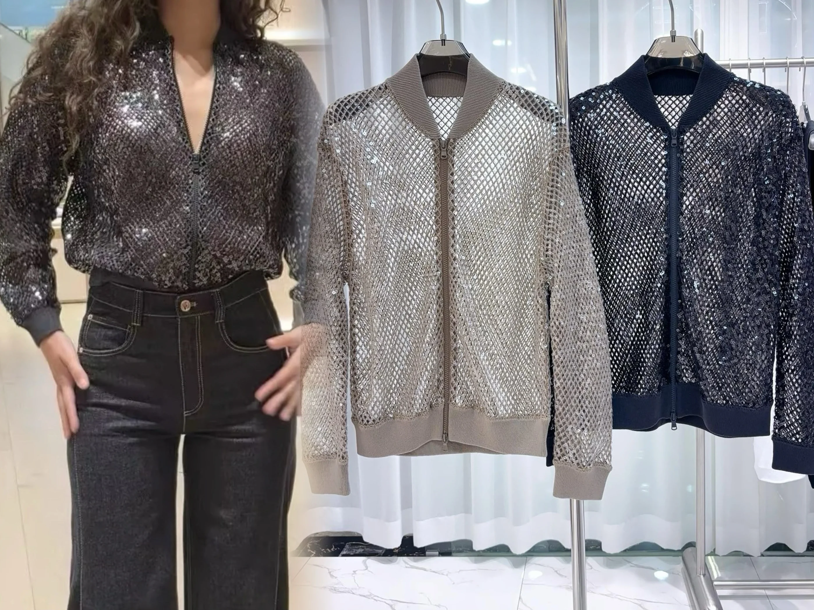 

Spring 2025 New Women's Jaet BC Heavyweight iny Sequin Weave Linen 90% Knitted Zipper Open Cardigan Coat Regular Fit Long...