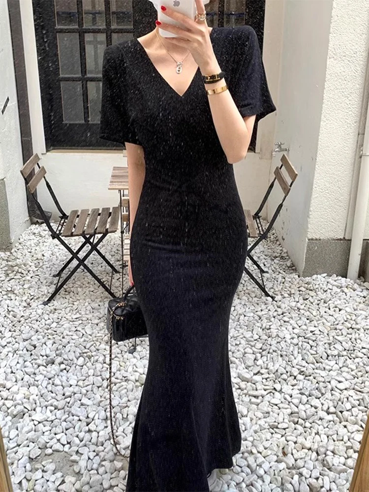 エレガントな夏の新スタイル V ネック痩身膝丈半袖フィッシュテールドレス女性のファッション通勤コットンドレス