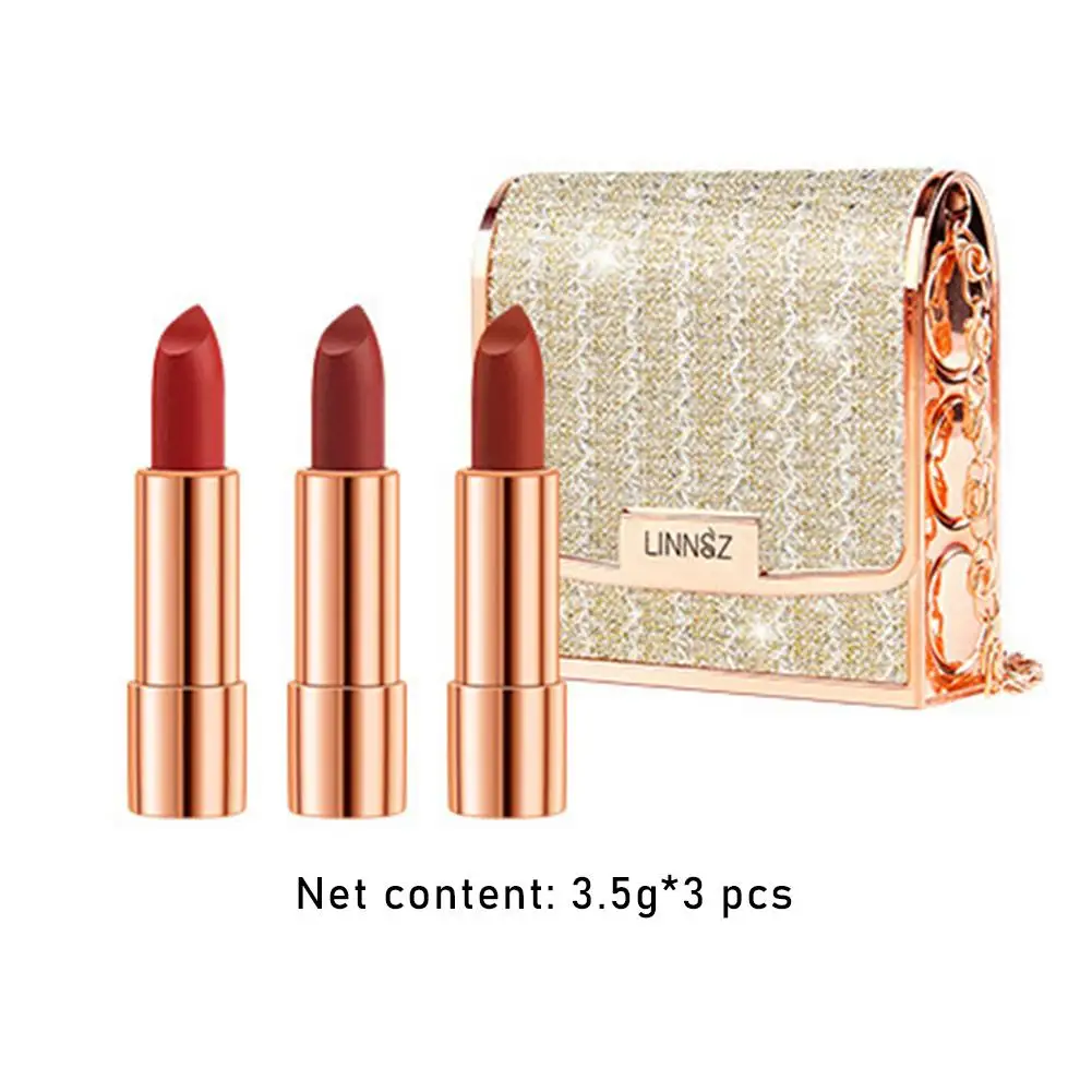 マット口紅セット 3 色 シルバーチェーンバッグ付き 防水 ノンスティック 長持ち メイクアップ レッド 3.5gx3 個 女性と女の子用