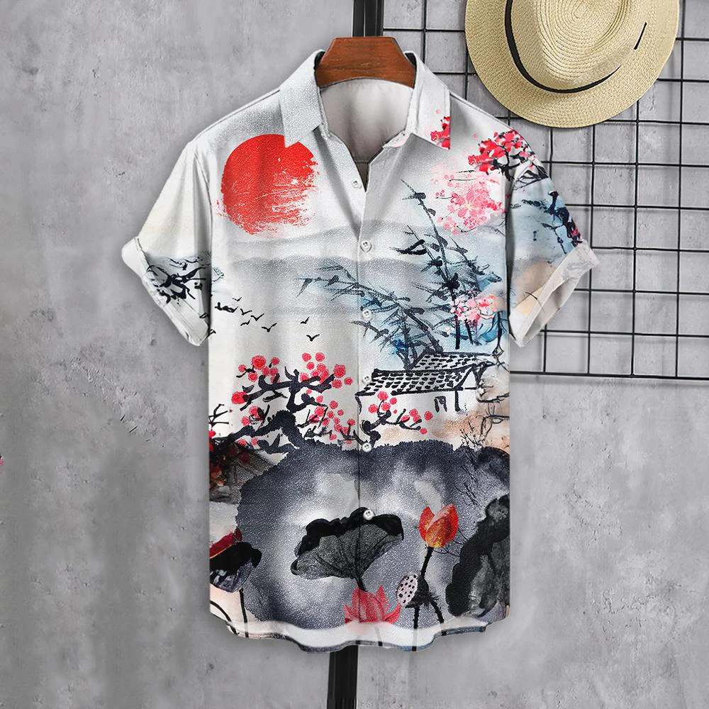 Summer Chinese Style Plum 3D Print Shirts Men Fashion Shirt Casual Vintage Streetwear Short Sleeve Shirt Blouse Man Clothing