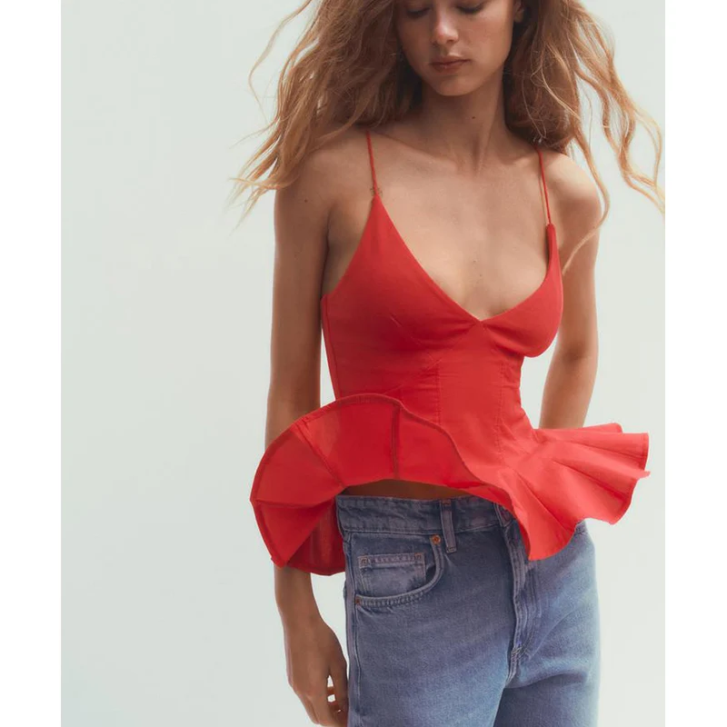 เสื้อกล้ามผ้าไหมผสมแฟชั่นฤดูร้อนสำหรับผู้หญิง พร้อมกระโปรงชายระบาย สายเดี่ยว คอวี ทรงเข้ารูป ใส่ได้หลากหลาย