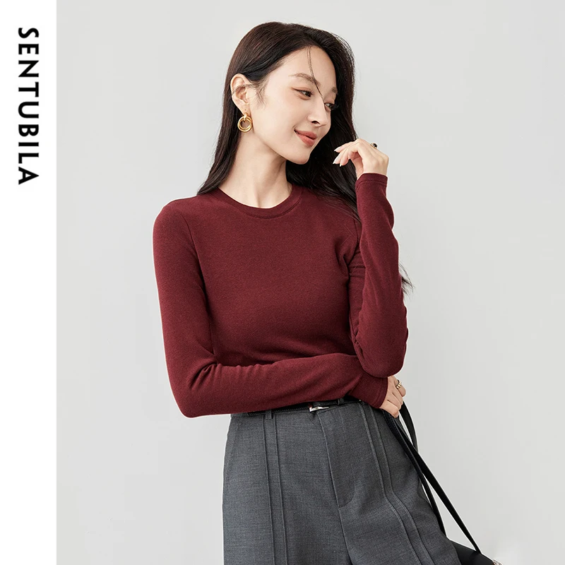 SENTUBILA Women's Top Solid Color O-Neck Long Sleeve Base Layer Lined Thickened Inner Wear Worn Outside Casual Clothes 144S57357