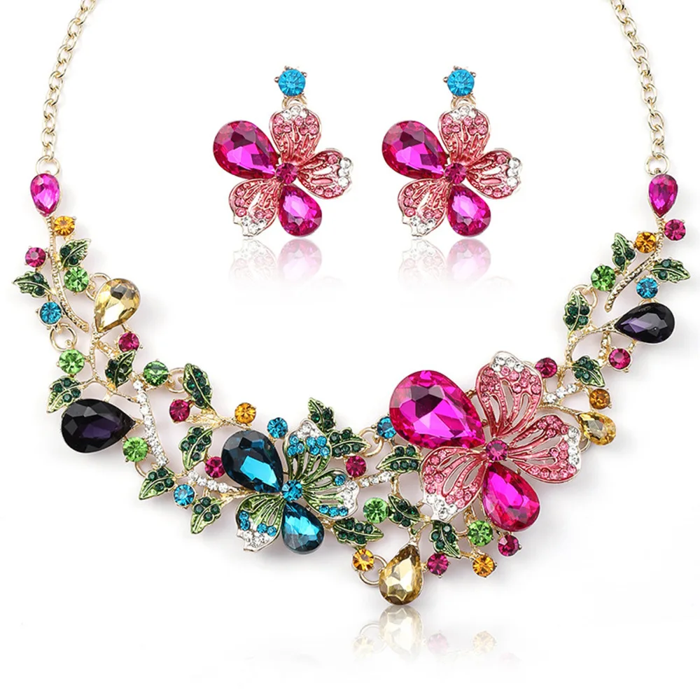 Girlgo 3pcs Earrings Plus Necklace Luxury Jewelry Set Colorful Flower Design Wear It Like Wear A \'garden\' Perfect Gift