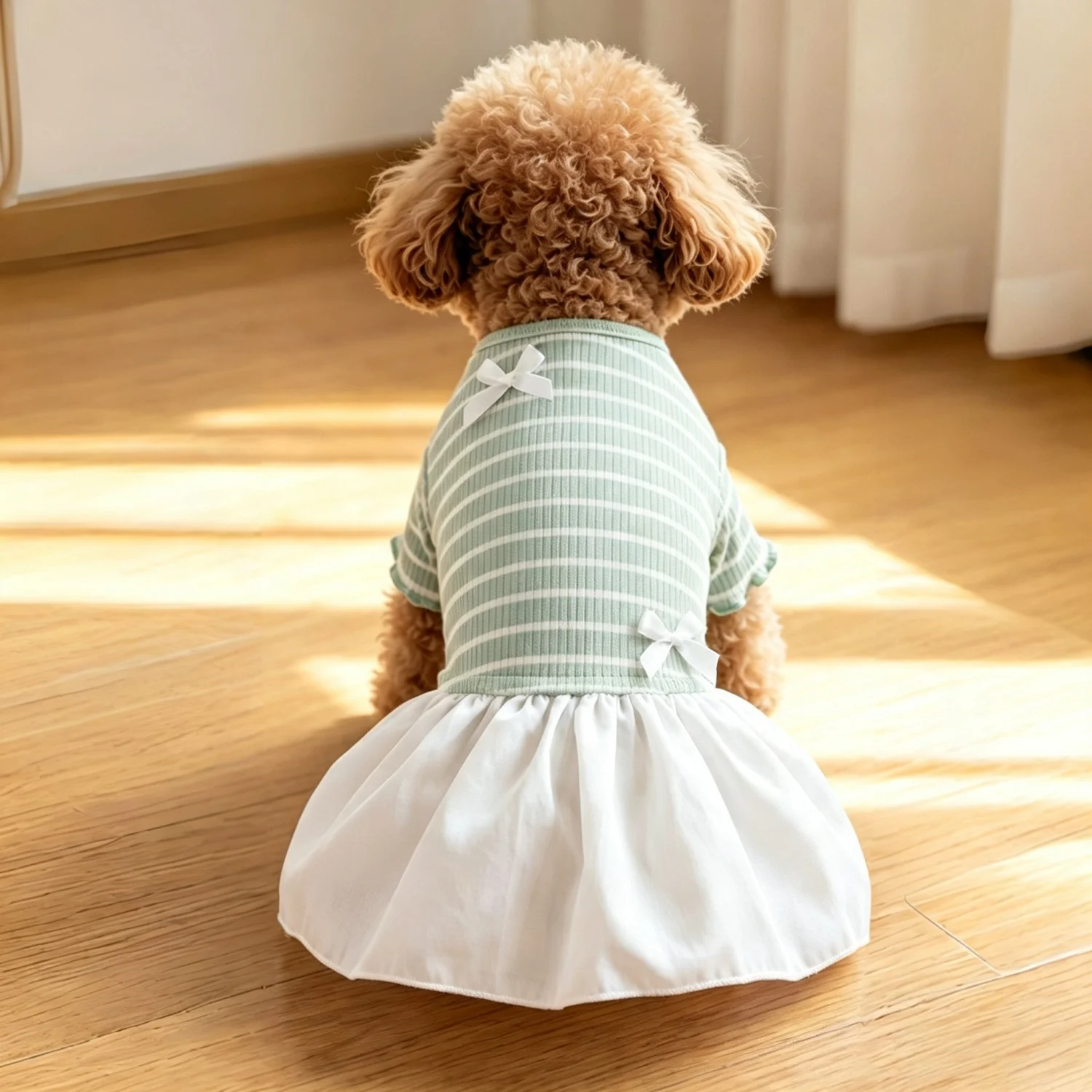 Fresh and Comfortable Mint Green Dog Dress, White Striped Ribbed Short Sleeved, Back Satin Bow, White A-line Fluffy Skirt