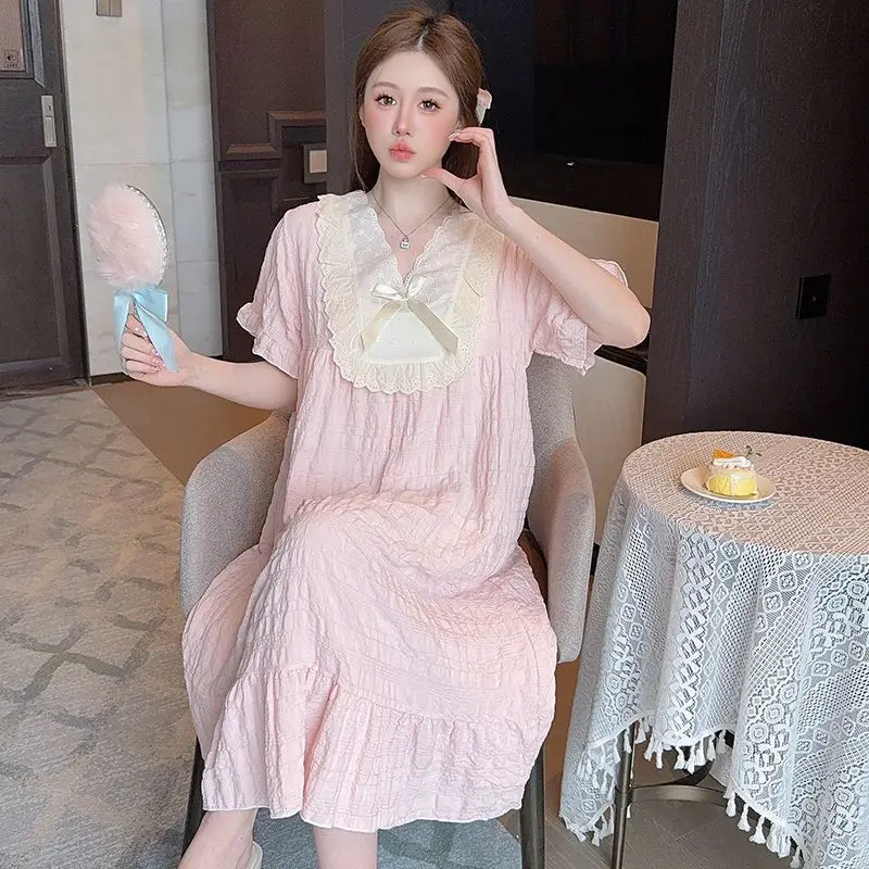 

M-5XL Plus Size Pajamas Dress Women Korean Summer Short-sleeved Midi Nightgown Loose Ruffle Sweet Loungewear Can Be Worn Outside