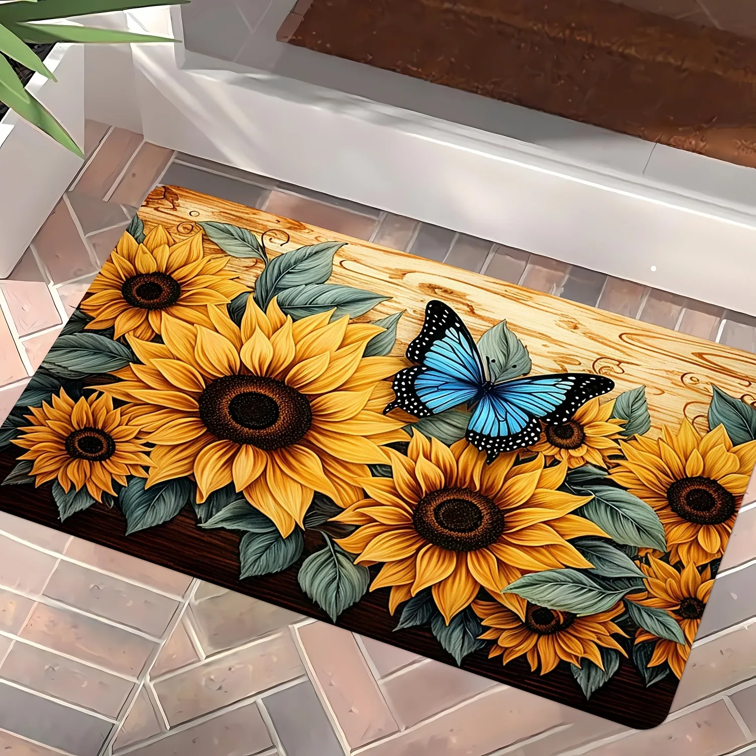 Rustic Floral Door Mat Bright Sunflower Blue Butterfly Wood Pattern Print Front Door Entryway Hallway Home Decor Floor Carpet
