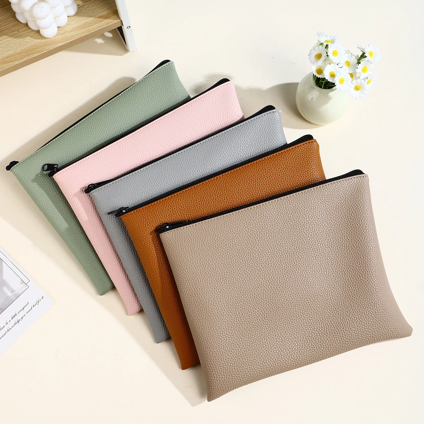 Bolsa de arquivo de couro com zíper único, tamanho 25cm × 20,5cm, organizador para dentro da bolsa de maquiagem grande, organizar cosméticos, bolsa feminina/viagem