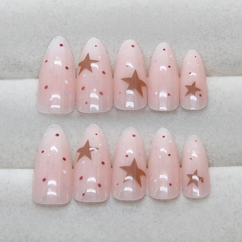 24Pcs Y2K Star False Nails Nude Pink Color Almond Press on Nails Sweet Girls Wearable Full Cover Fake Nails Tips DIY Manicure