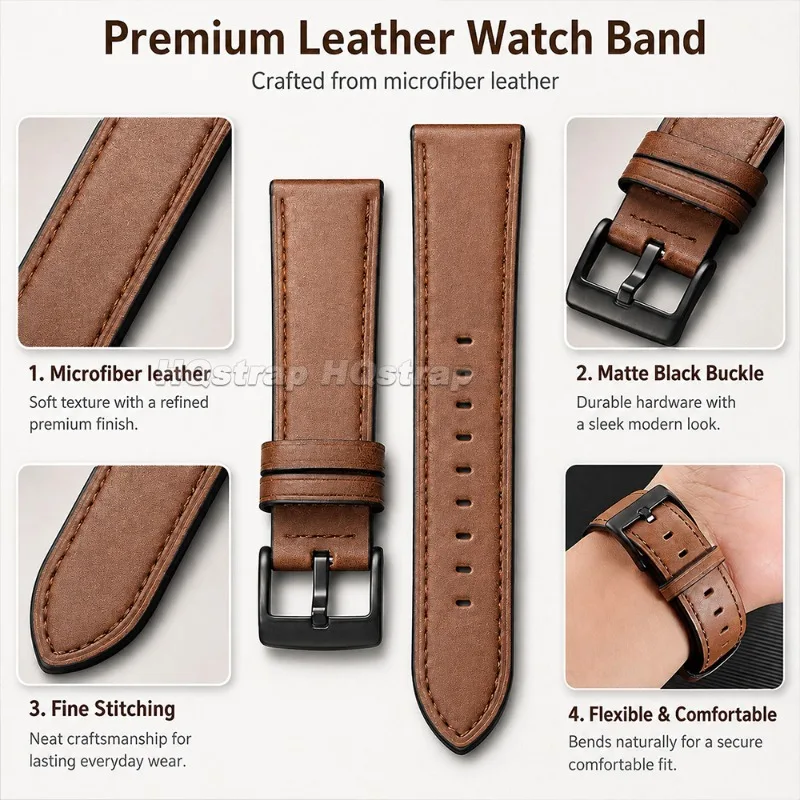 22mm Classic Leather Watch Band Soft Cowhide Strap for Huawei GT2 GT3 for Smartwatch Business Replacement Bracelet for Men Women