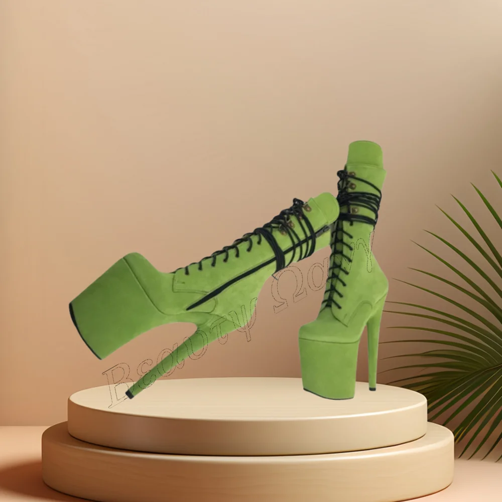 Green Suede Platform Boots Light Color Cross Tied Side Zipper Spike High Heel Shoes for Women High Heel 2023 Zapatillas Mujer