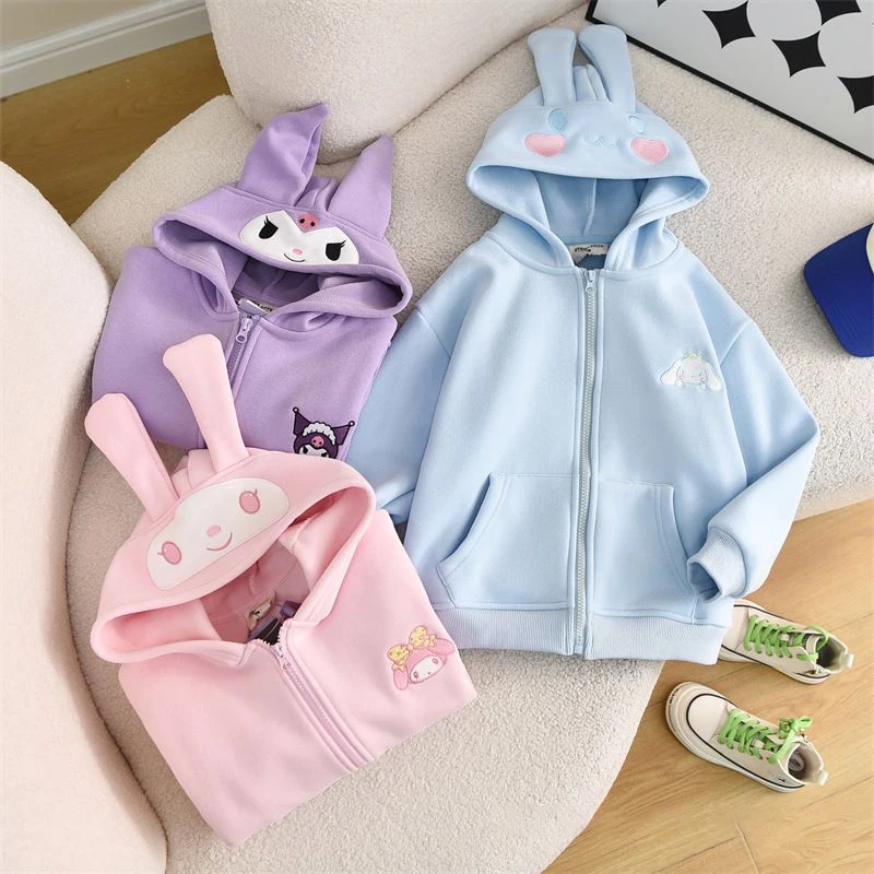 Kawaii Sanrioed Spring and Autumn New Children's Zipper Coat Cute Cartoon My Melody Cinnamoroll Kuromi Hooded Casual Hoodie