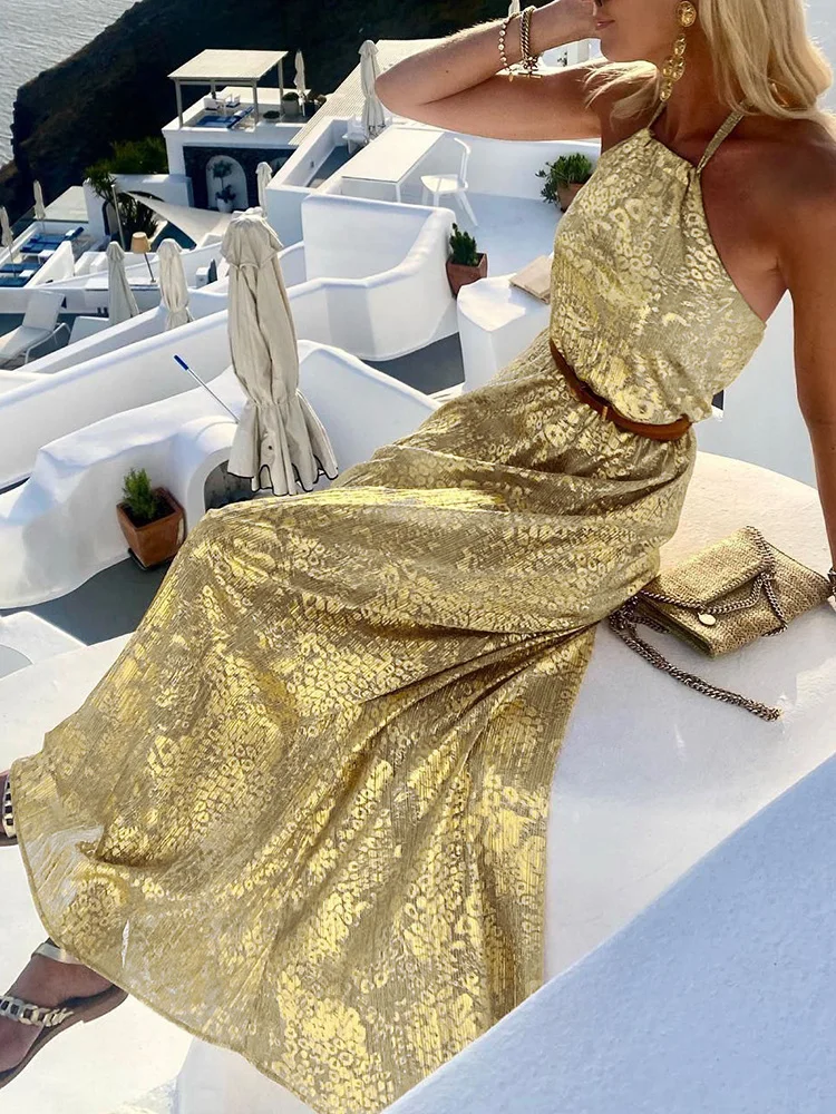 Summer Off Shoulder Women Loose Long Dress Elegant Female Sleeveless Party Club Dress Beach Loose Halter Chic Maxi Dress Vestido