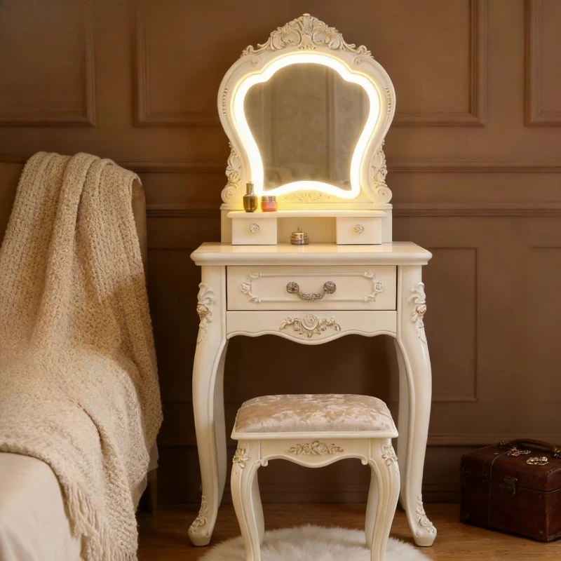 Vintage Wood LED Touch Mirror Bedroom Makeup Dresser