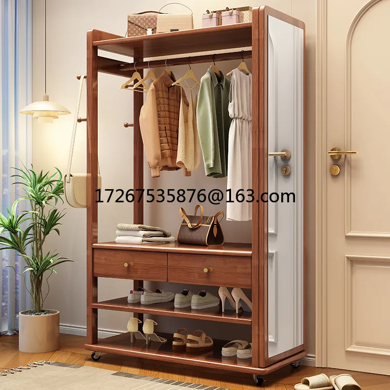 

Solid wood coat rack floor-to-ceiling hanger full-length mirror integrated living room multi-functional storage rack movable